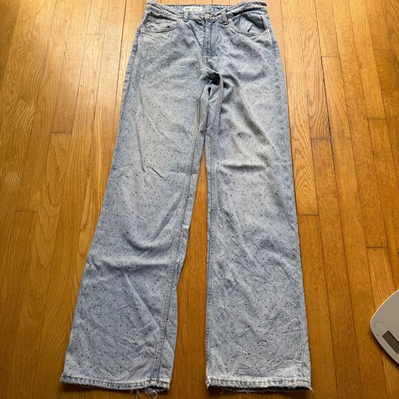 Zara Size 6 Light Wash Denim Rhinestone Embellished Distressed Wide Leg Jeans - Picture 2 of 16